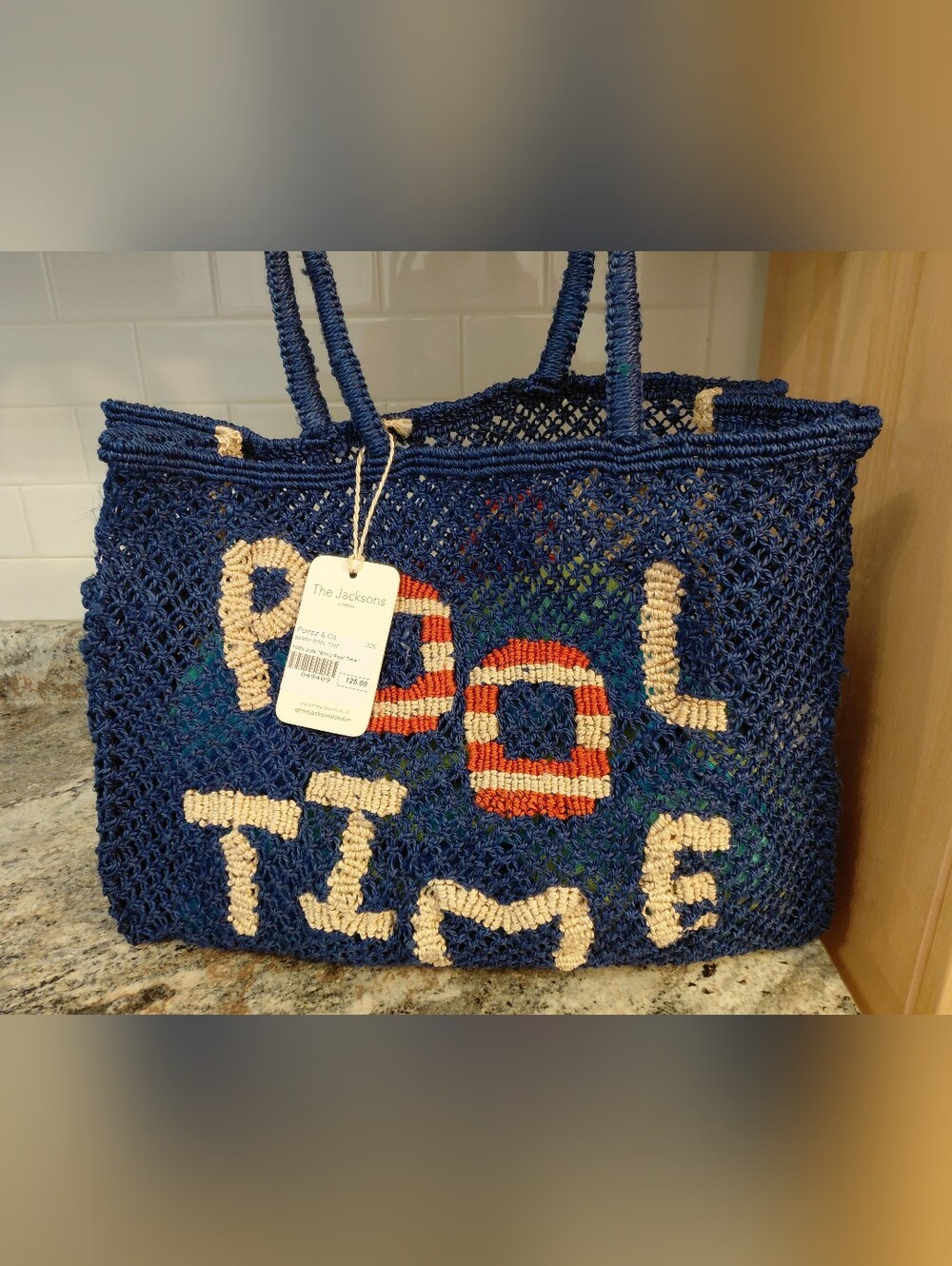 JACKSON Navy, Red, Cream Pool Time Crochet Jute Tote Bag